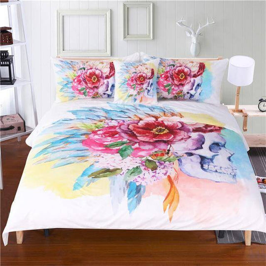 Sängkläder med blomma och dödskalle